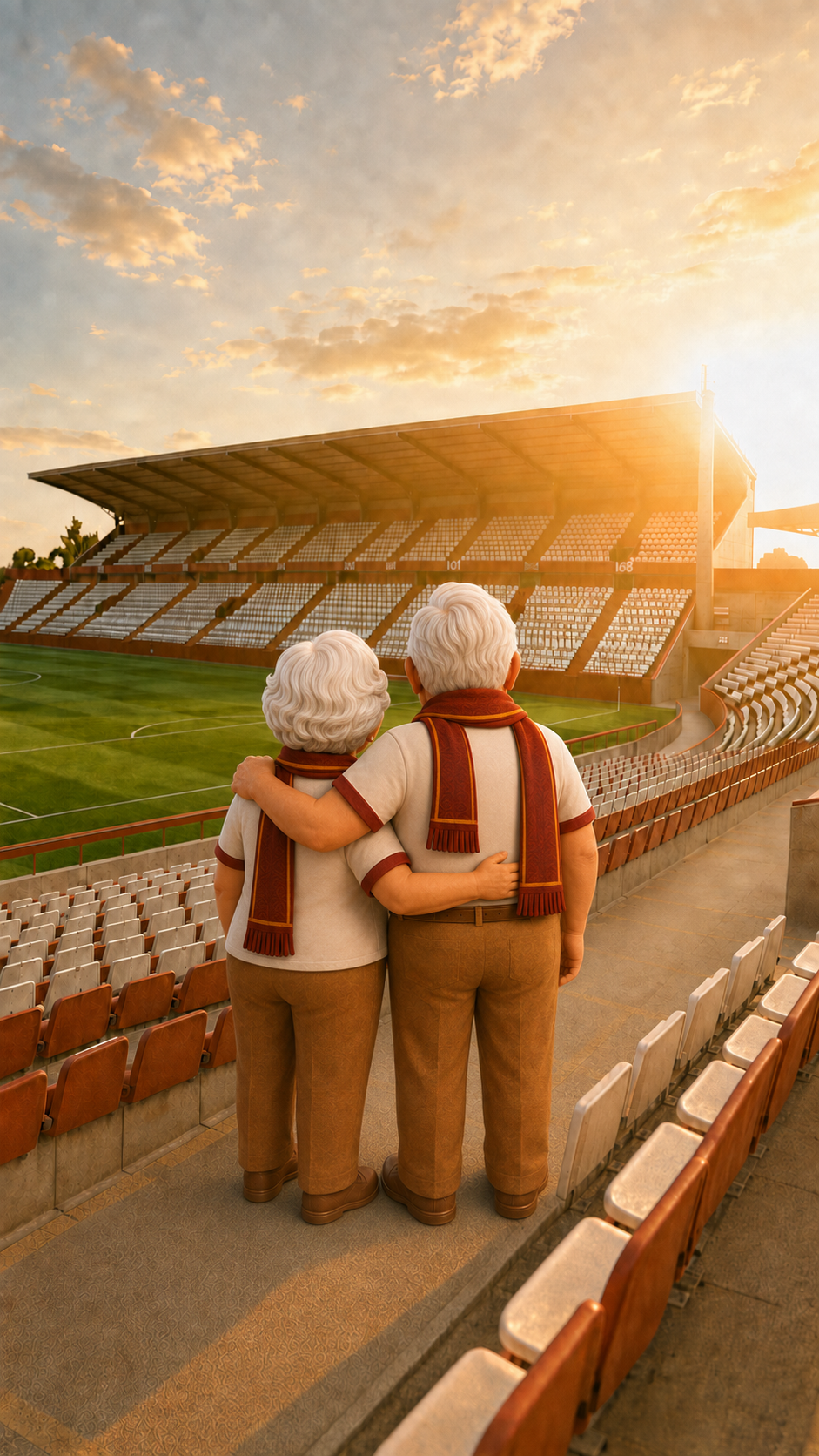 Juanito y Llanos abrazados mirando el campo del Carlos Belmonte — afición del Albacete Balompié