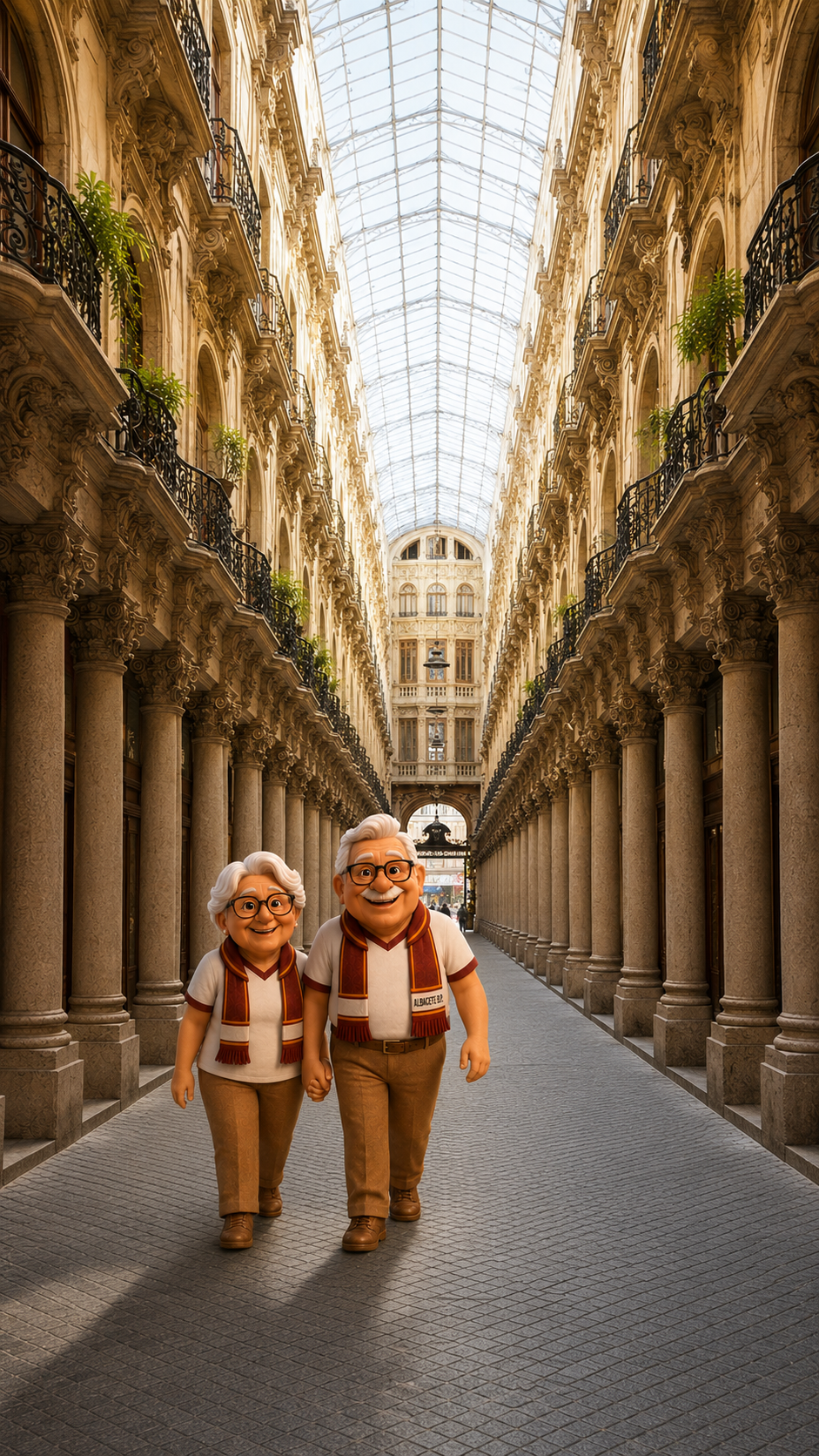 Juanito y Llanos paseando por el Pasaje de Lodares de Albacete, la galería modernista más bonita de España