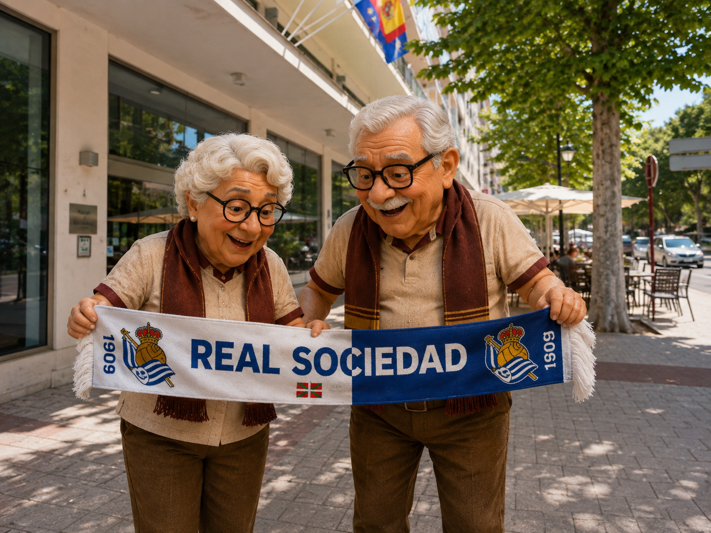 Juanito y Llanos sujetando una bufanda de la Real Sociedad en una calle de Albacete antes del partido contra el Sanse