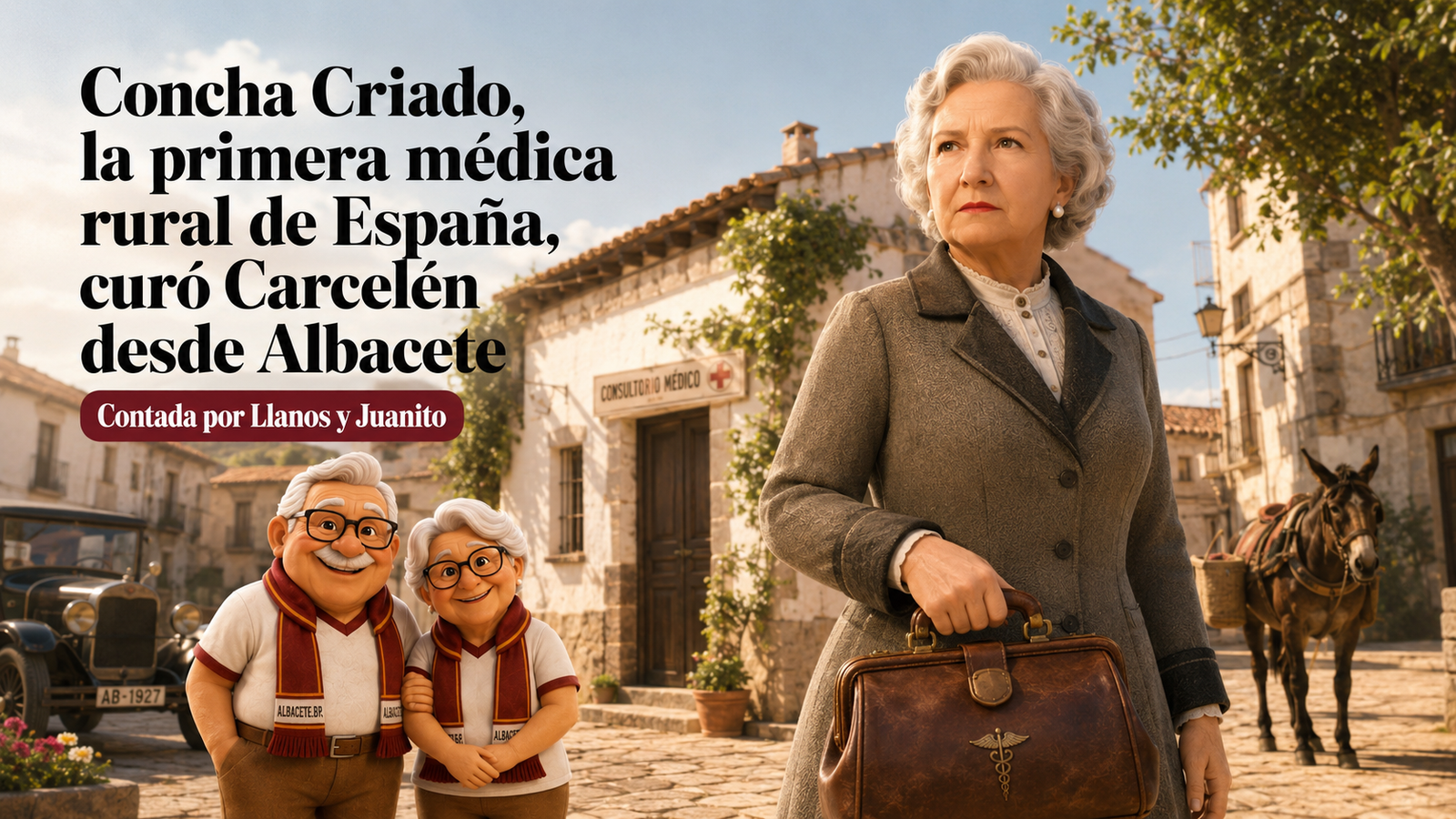 Juanito y Llanos con Concha Criado, primera médica rural de España, en Carcelén (Albacete)
