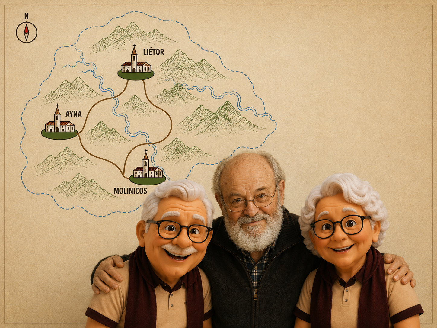 Juanito y Llanos junto a José Luis Cuerda ante un mapa de Ayna, Liétor y Molinicos, los tres pueblos donde se rodó Amanece, que no es poco