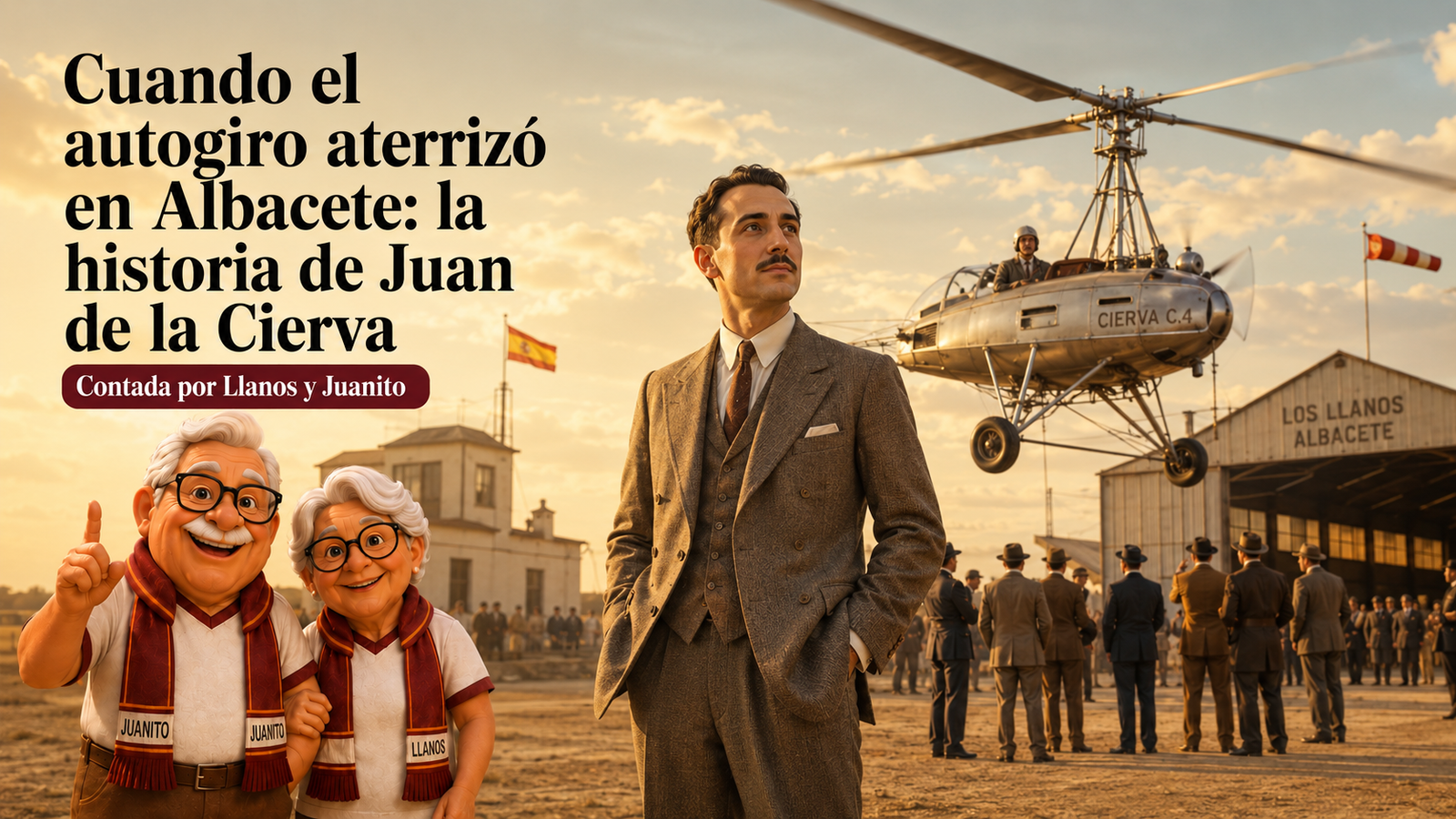 Juanito y Llanos ante un avión en la base aérea de Los Llanos, Albacete