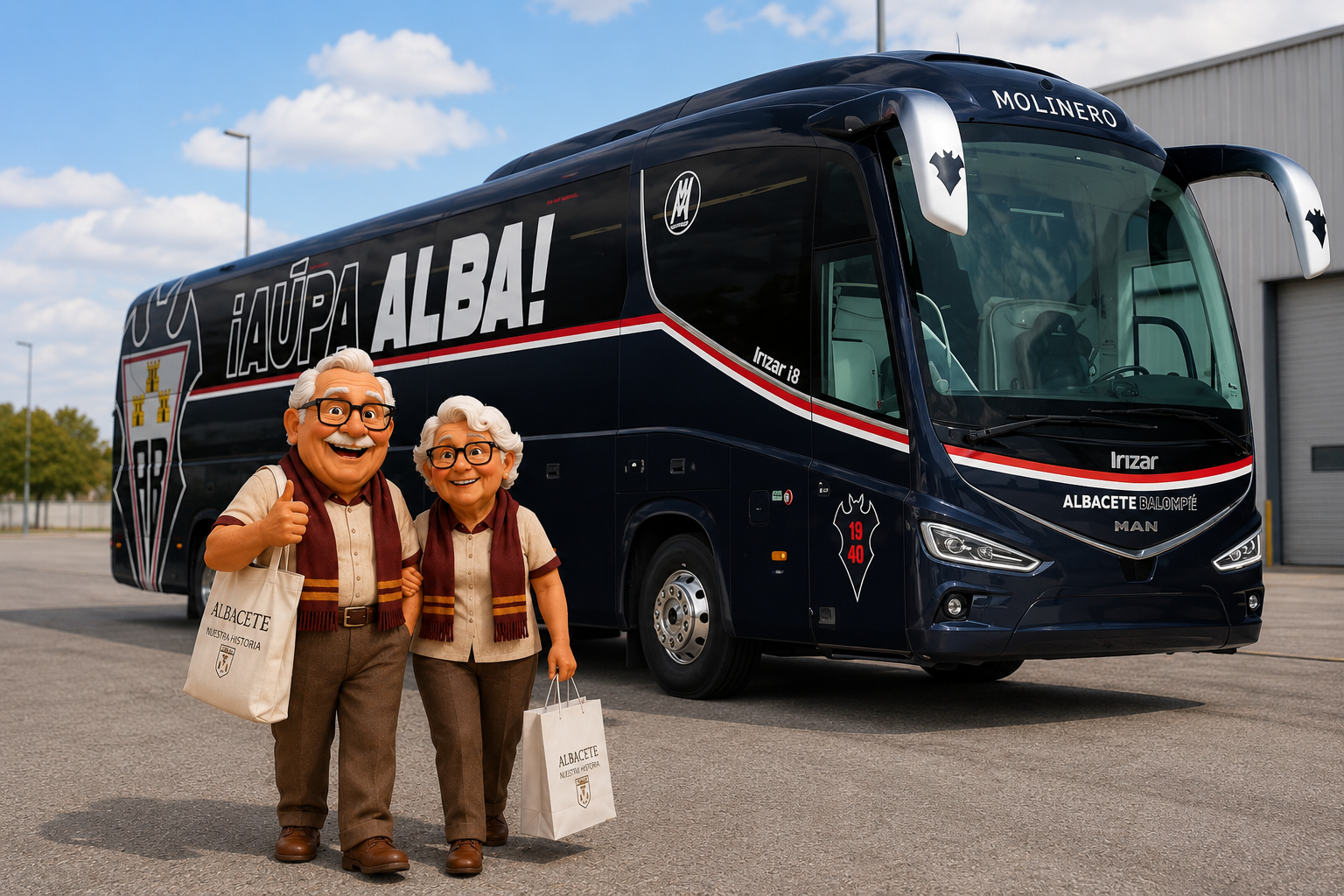 Juanito y Llanos ante el autobús del Albacete Balompié rotulado con el lema ¡Aúpa Alba!