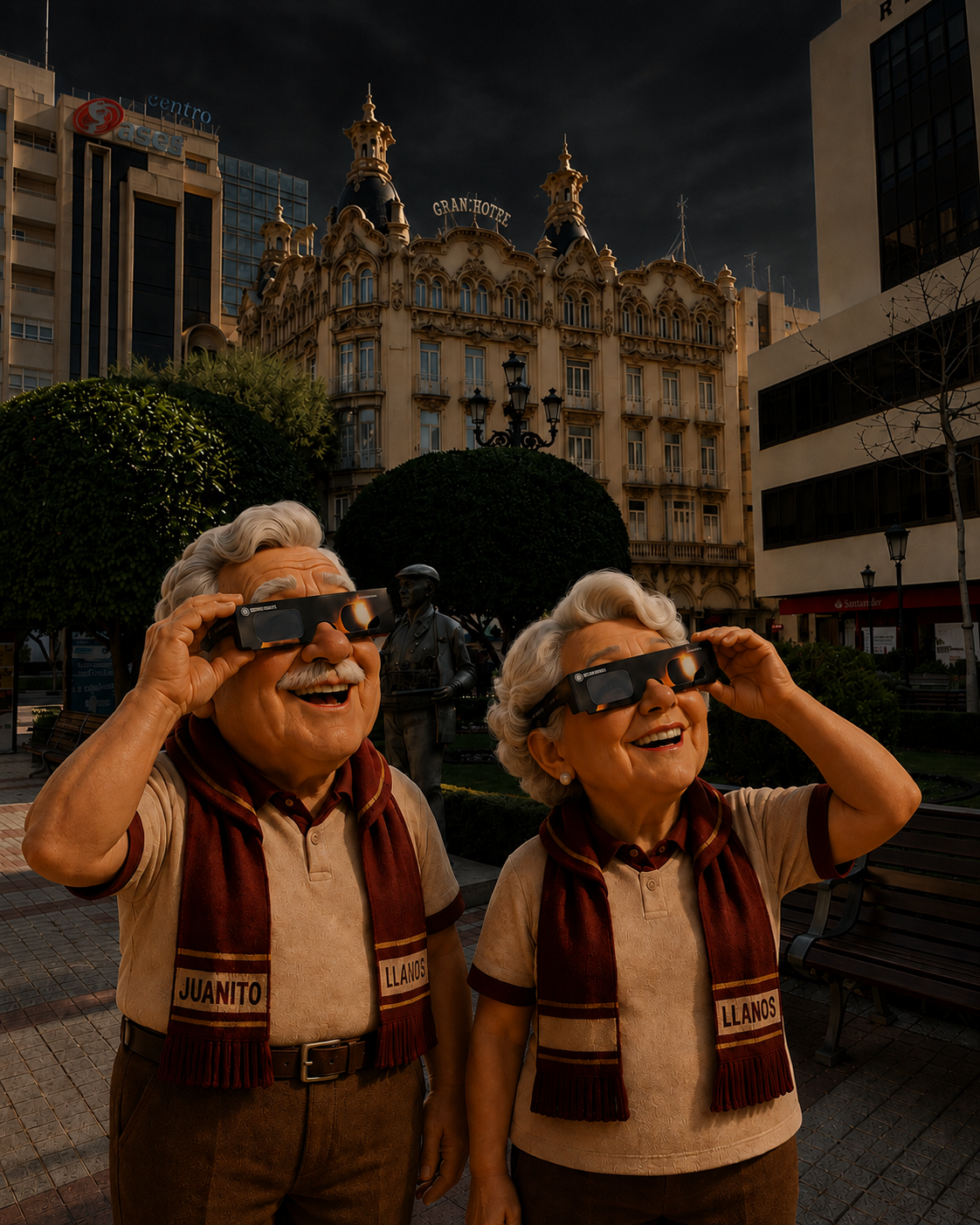 Juanito y Llanos observando el eclipse solar con gafas homologadas en la plaza del Altozano de Albacete