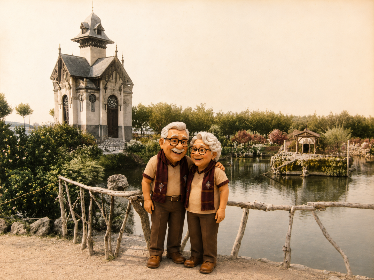 Juanito y Llanos junto al estanque y el templete del parque Abelardo Sánchez de Albacete