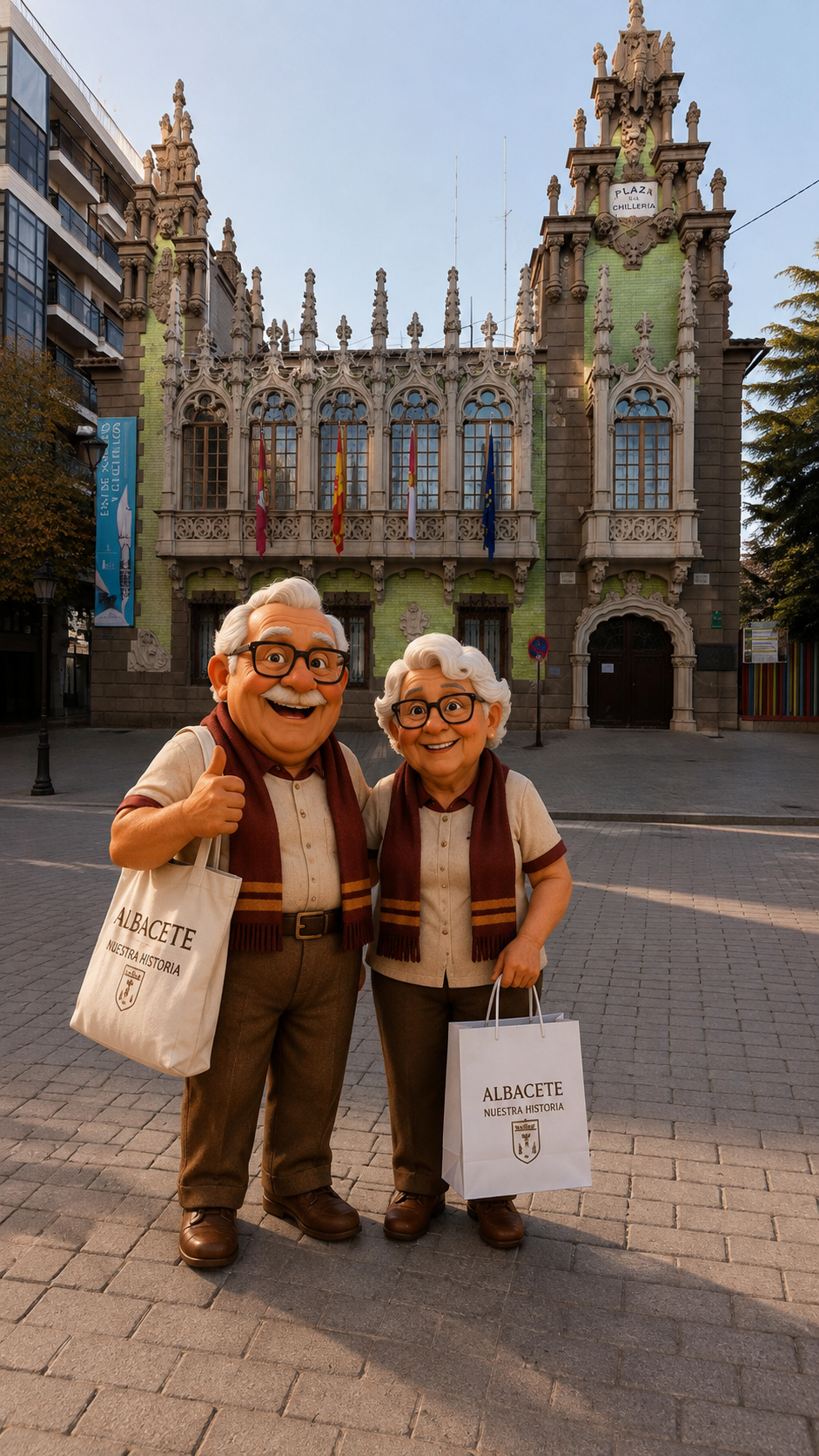 Juanito y Llanos ante la Casa del Hortelano, sede del Museo de la Cuchillería de Albacete