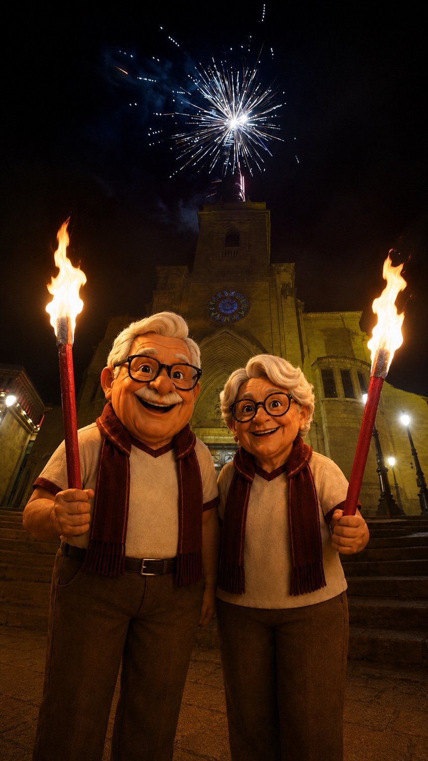 Juanito y Llanos con antorchas ante la Catedral de San Juan Bautista de Albacete en la noche de San Juan