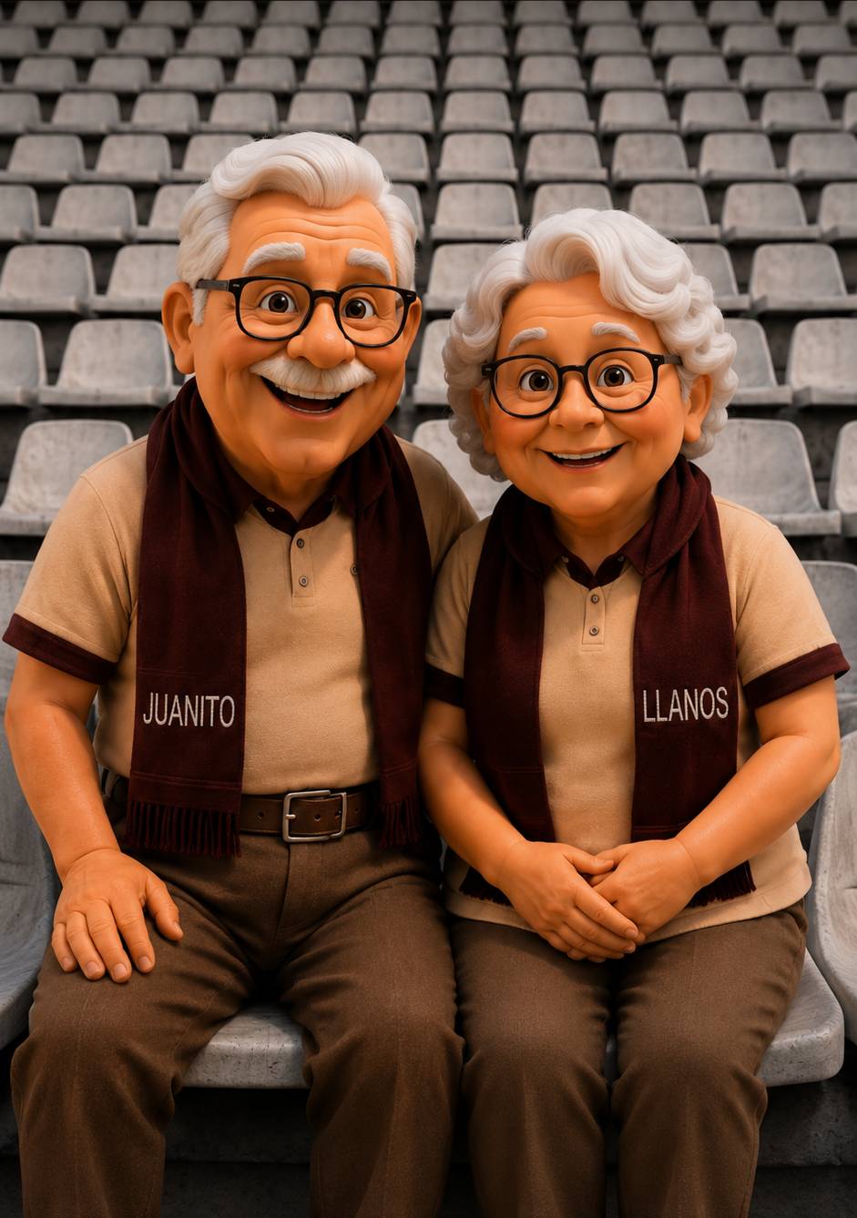 Juanito y Llanos sentados en los asientos del Carlos Belmonte con sus bufandas granates bordadas con sus nombres