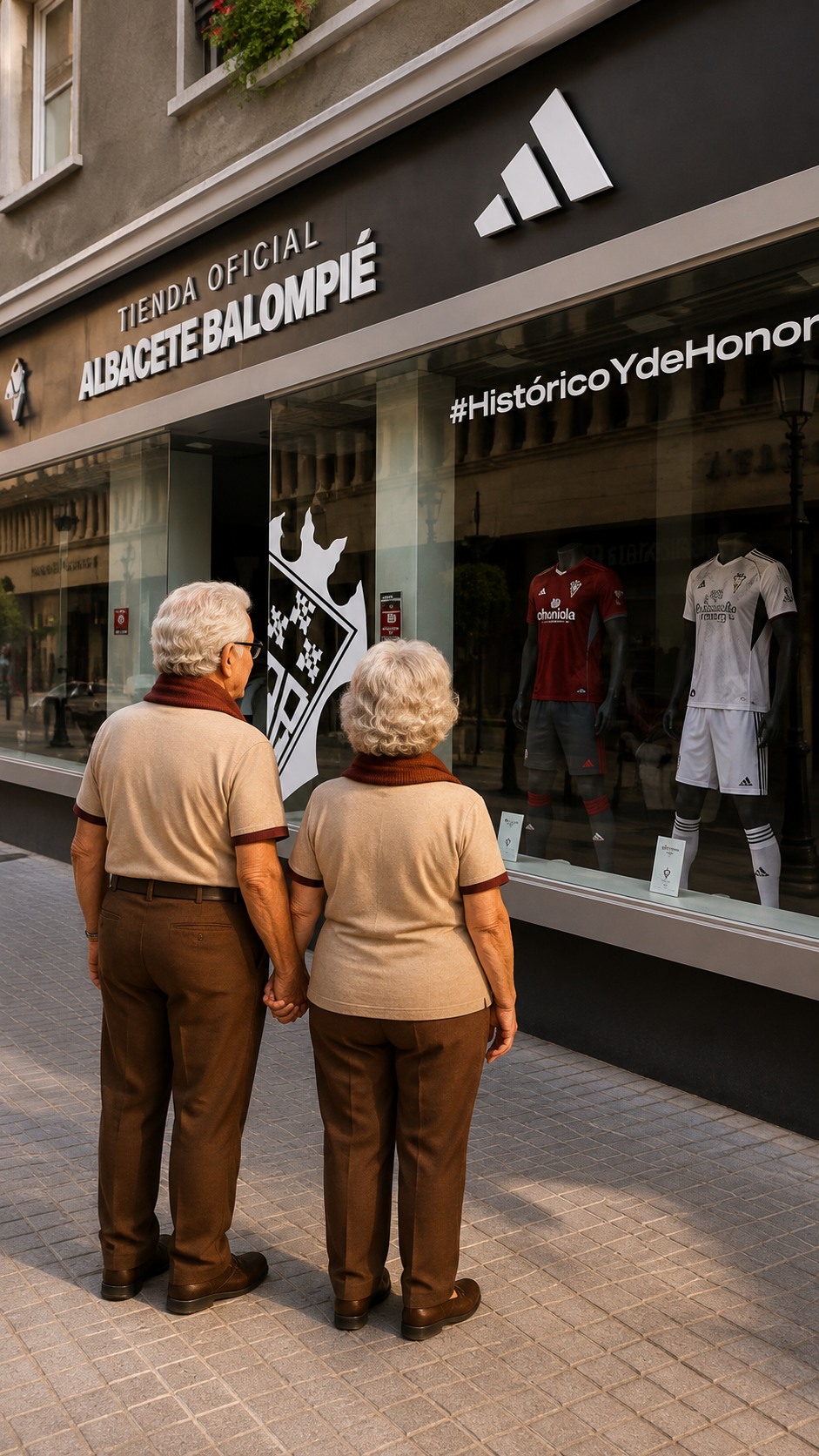 Juanito y Llanos ante el escaparate de la tienda oficial del Albacete Balompié con las camisetas del Alba