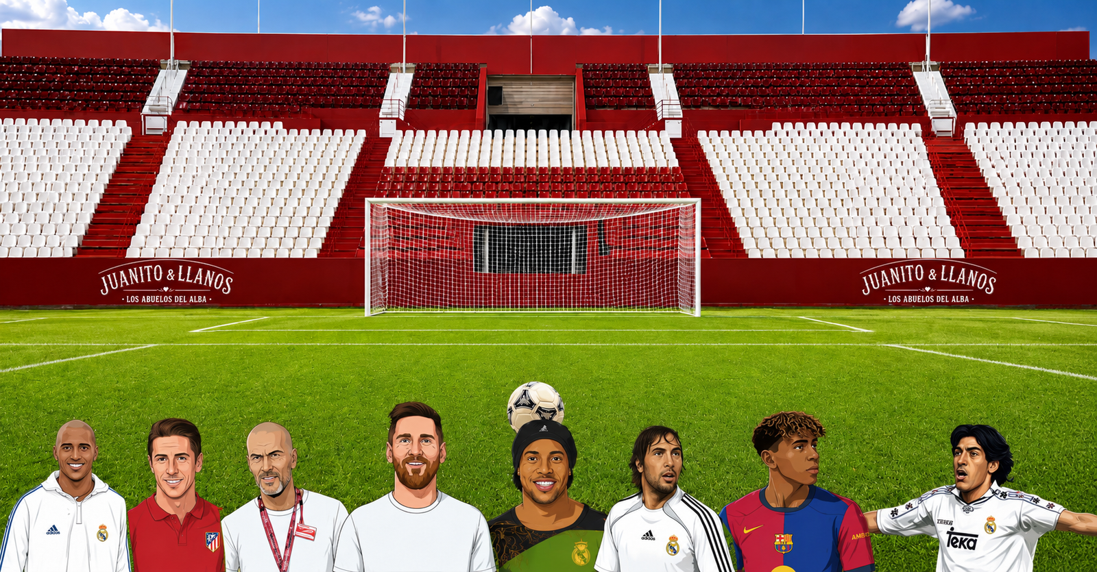 Ilustración de los goleadores históricos que marcaron en el Carlos Belmonte de Albacete: Roberto Carlos, Fernando Torres, Zidane, Messi, Ronaldinho, Raúl, Lamine Yamal y Maradona