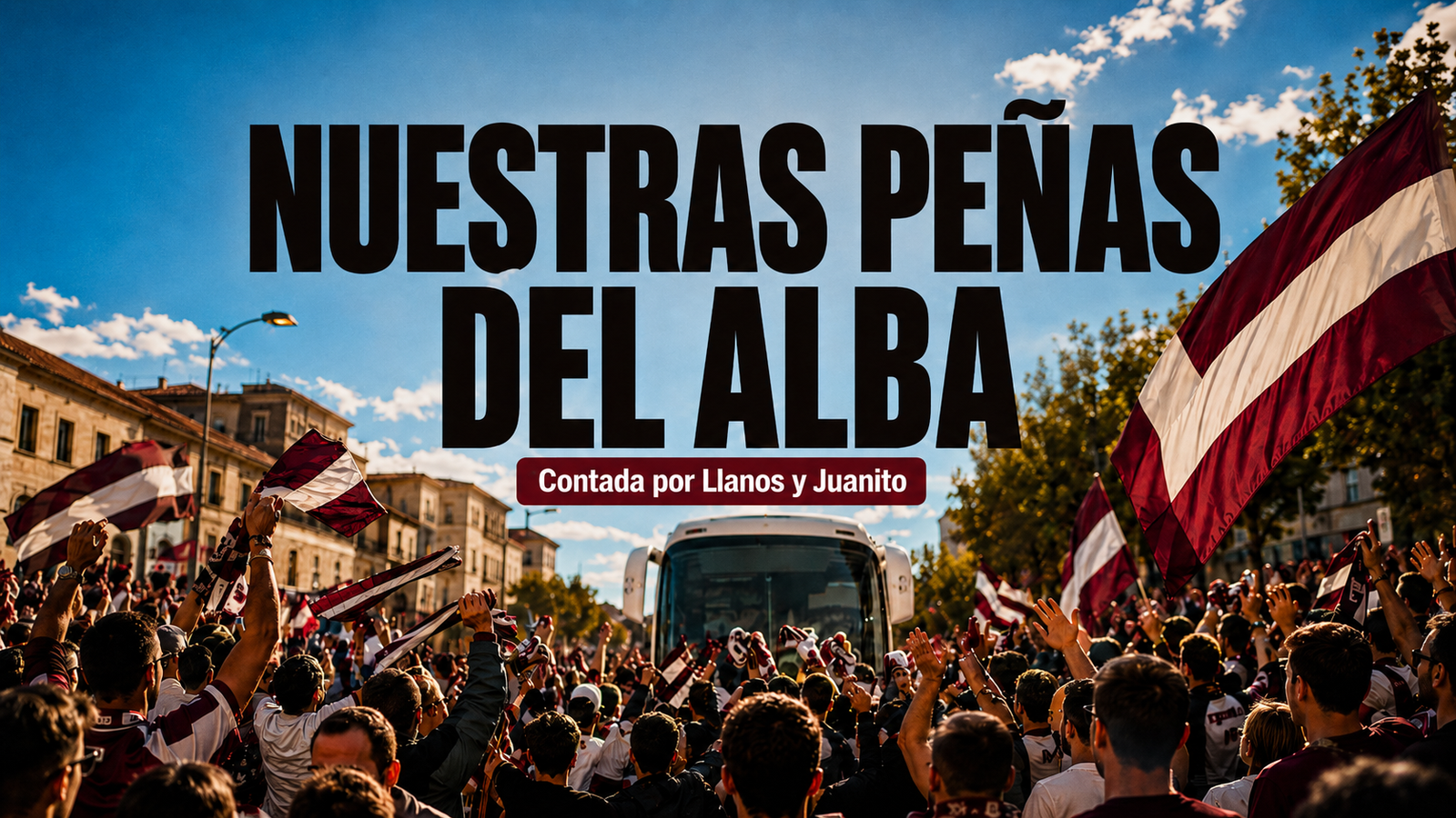 Peñistas del Albacete Balompié con banderas y bufandas recibiendo al autobús del equipo